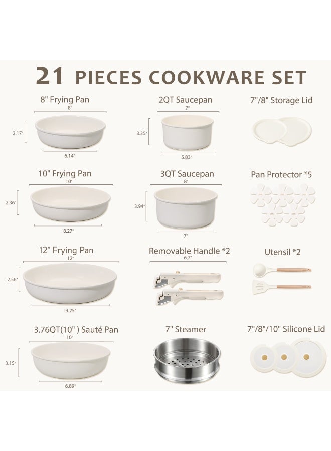 كاروت طقم أواني كاروت 21 قطعة سيراميك غير لاصق بمقابض قابلة للفصل، تصميم قابل للتكديس مع أغطية، خالٍ من PFAS لطهي صحي، متوافق مع جميع المواقد وآمن لغسالة الصحون (أبيض) - Image 2